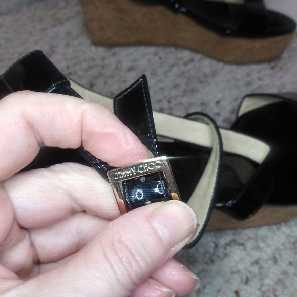 Jimmy Choo Portia 70 Black Patent Leather Cork Platform Wedge Heeled Sandals - Picture 5 of 11